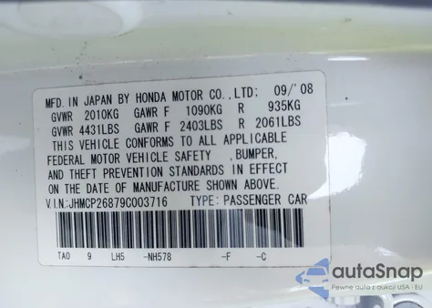 2009 Honda Accord 2.4 Ex-L from USA, damaged, VIN JHMCP26879C003716